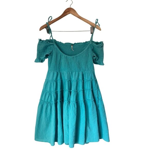 Free People 2021 Blue Off-Shoulder Ruffle Mini Dress Size M - Picture 4 of 6